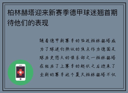 柏林赫塔迎来新赛季德甲球迷翘首期待他们的表现