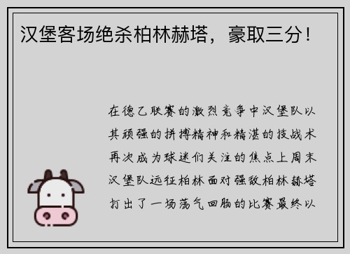 汉堡客场绝杀柏林赫塔，豪取三分！