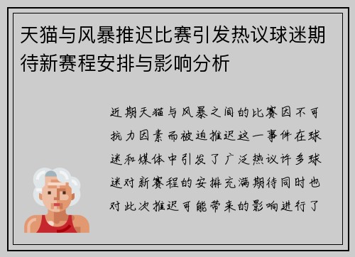天猫与风暴推迟比赛引发热议球迷期待新赛程安排与影响分析