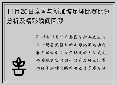 11月25日泰国与新加坡足球比赛比分分析及精彩瞬间回顾