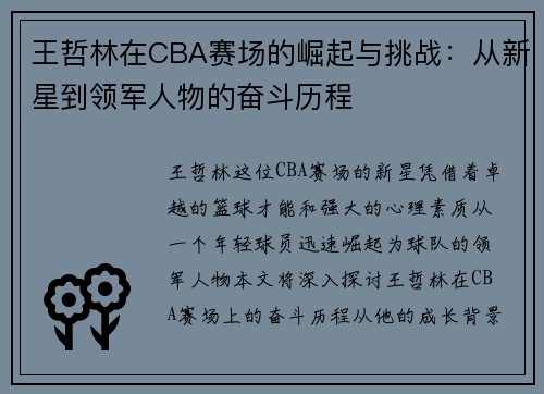 王哲林在CBA赛场的崛起与挑战：从新星到领军人物的奋斗历程