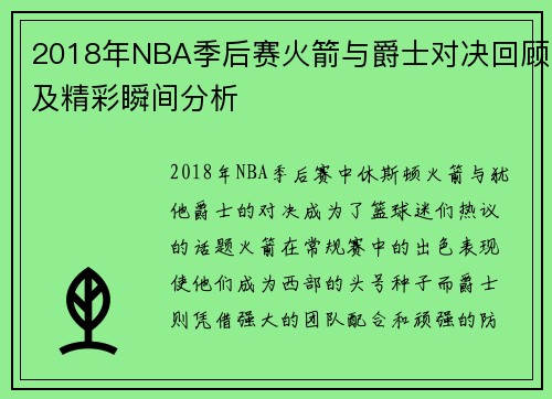 2018年NBA季后赛火箭与爵士对决回顾及精彩瞬间分析
