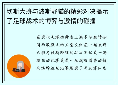 坎斯大班与波斯野猫的精彩对决揭示了足球战术的博弈与激情的碰撞