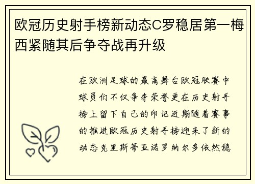 欧冠历史射手榜新动态C罗稳居第一梅西紧随其后争夺战再升级