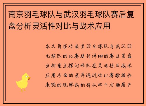 南京羽毛球队与武汉羽毛球队赛后复盘分析灵活性对比与战术应用